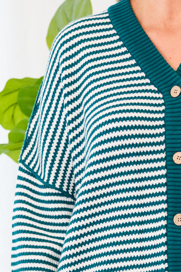 Chic Soul plus size clothing, jade-green-ivory long sleeve button up sweater with v neckline with stripe pattern and cuff sleeves