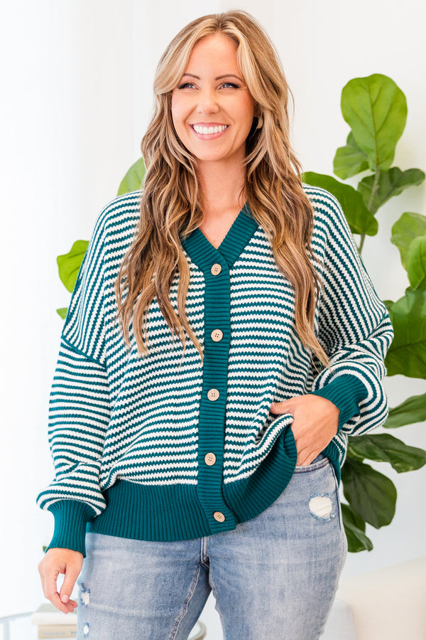 Chic Soul plus size clothing, jade-green-ivory long sleeve button up sweater with v neckline with stripe pattern and cuff sleeves