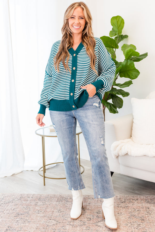 Chic Soul plus size clothing, jade-green-ivory long sleeve button up sweater with v neckline with stripe pattern and cuff sleeves