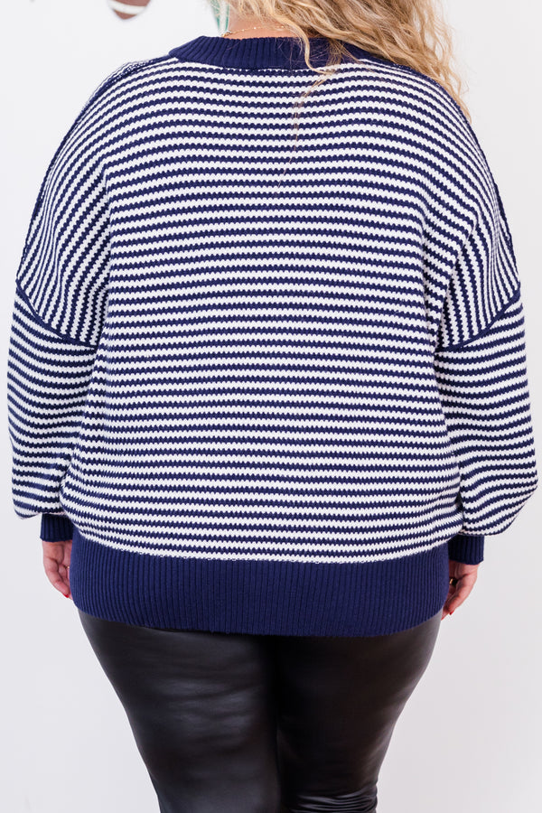 Chic Soul plus size clothing, long-sleeve navy-ivory striped button-up sweater with light brown buttons and v-neckline 