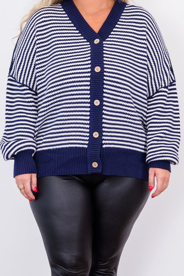Chic Soul plus size clothing, long-sleeve navy-ivory striped button-up sweater with light brown buttons and v-neckline 