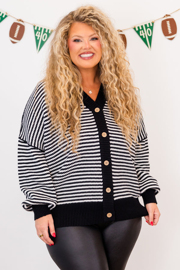 Chic Soul plus size clothing, long sleeve black and ivory stripe cardigan with brown wooden buttons 