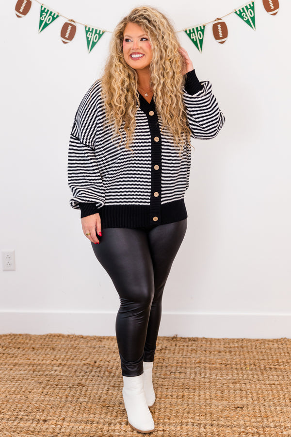 Chic Soul plus size clothing, long sleeve black and ivory stripe cardigan with brown wooden buttons 
