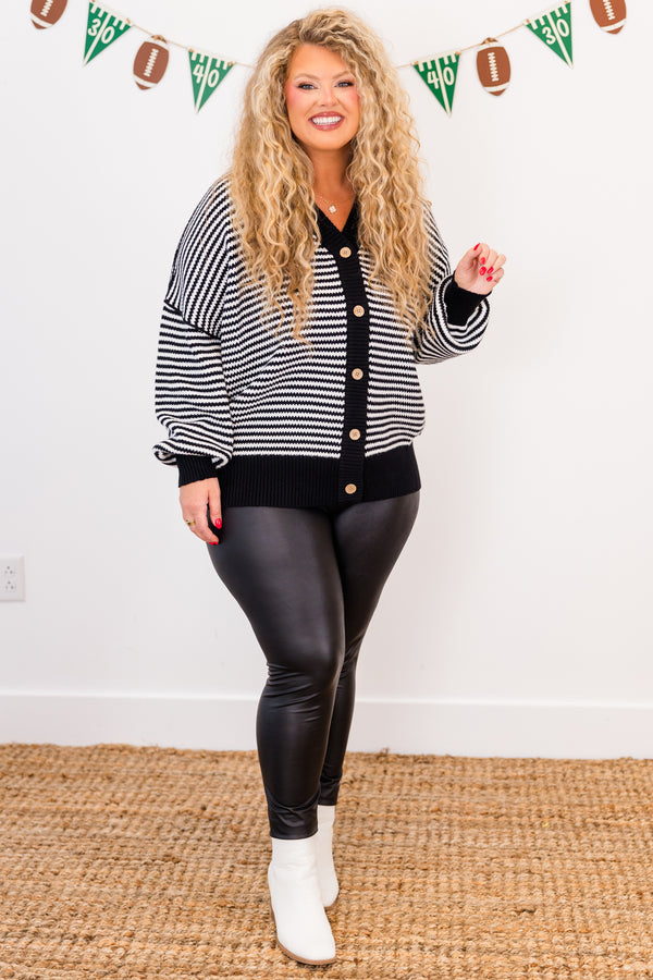 Chic Soul plus size clothing, long sleeve black and ivory stripe cardigan with brown wooden buttons 