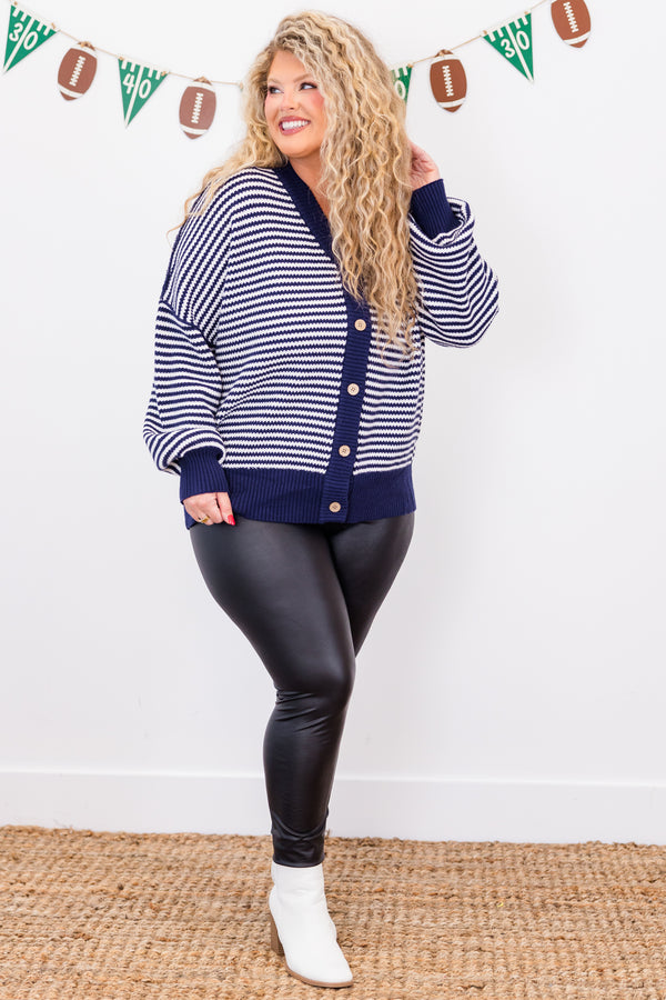 Chic Soul plus size clothing, long-sleeve navy-ivory striped button-up sweater with light brown buttons and v-neckline 