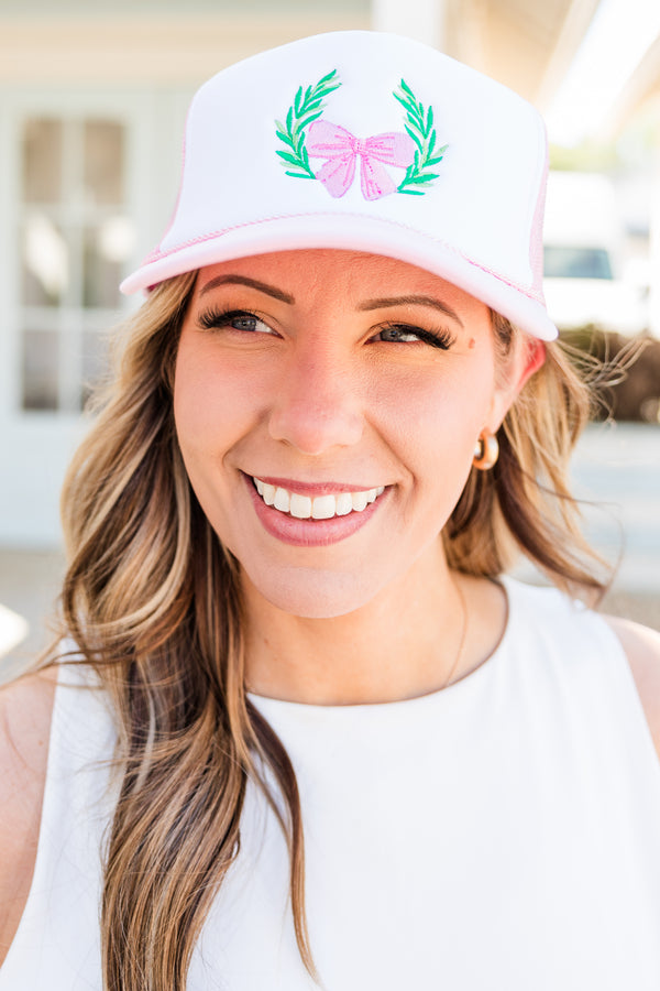 Chic Soul plus size clothing, pink trucker hat with pink bow embroidery with greenery embroidery