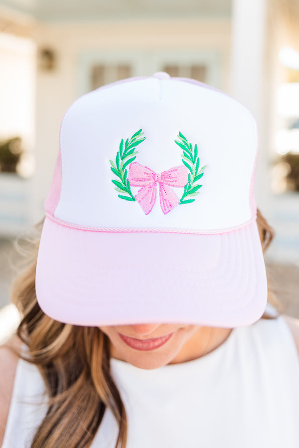 Chic Soul plus size clothing, pink trucker hat with pink bow embroidery with greenery embroidery