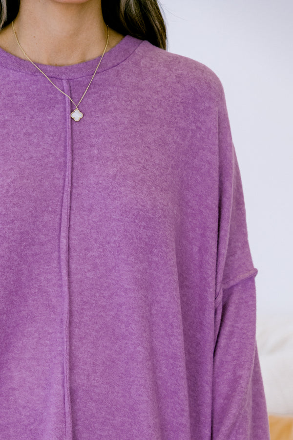 Chic Soul plus size clothing, light fuchsia long sleeve crewneck sweater with middle seam detail on front and back