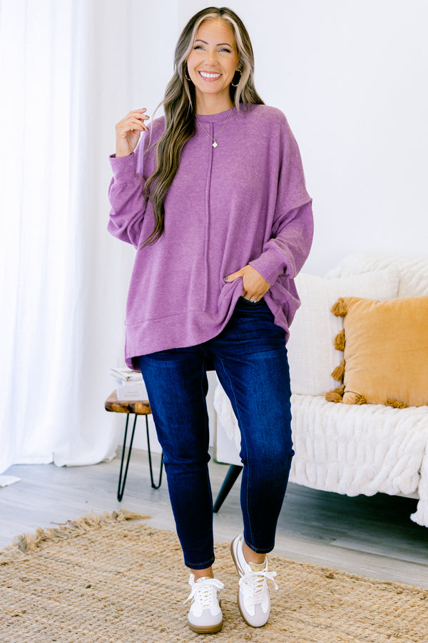 Chic Soul plus size clothing, light fuchsia long sleeve crewneck sweater with middle seam detail on front and back