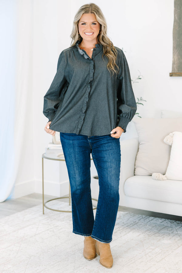 Plus Size black denim-style top with ruffle trim, long puff sleeves, and a button-down front.