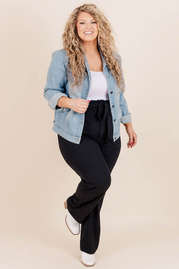 Chic Soul plus size clothing, black fitted pants with a waist tie