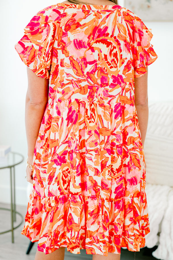 Chic Soul plus size clothing, coral pink short sleeve mini dress with v cutout along neckline and ruffle sleeves