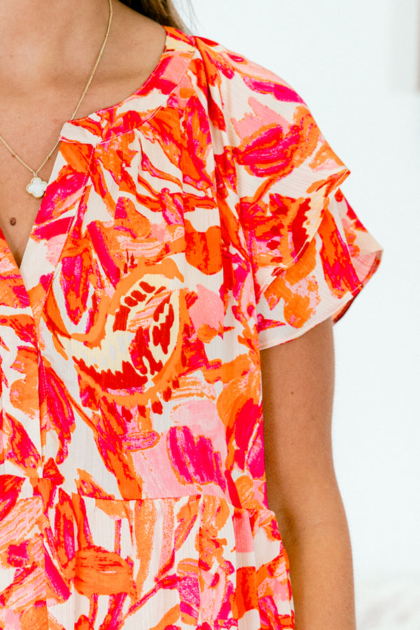 Chic Soul plus size clothing, coral pink short sleeve mini dress with v cutout along neckline and ruffle sleeves