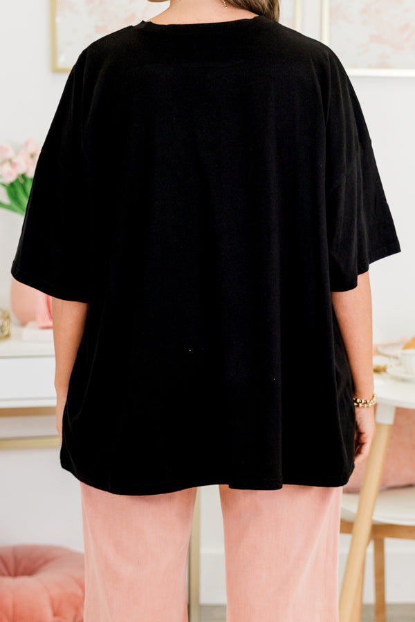 Chic Soul plus size clothing, short-sleeve black boyfriend tee with high-scoop-neckline with pink graphic lettering in calligraphy stating 'You are so Loved