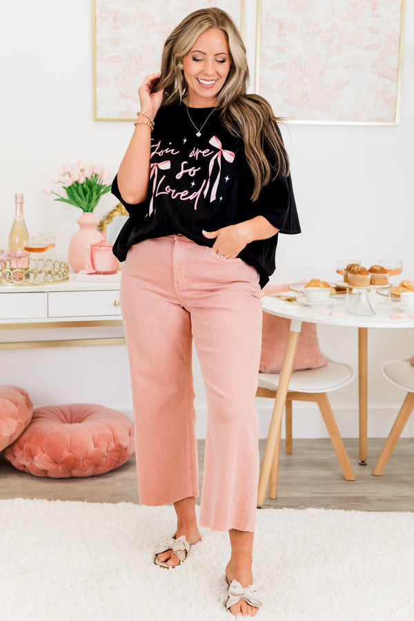 Chic Soul plus size clothing, short-sleeve black boyfriend tee with high-scoop-neckline with pink graphic lettering in calligraphy stating 'You are so Loved