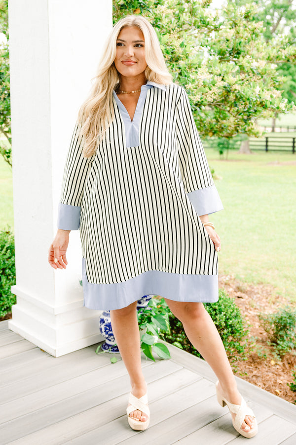 Chic Soul plus size clothing, cream casual half sleeved dress with black vertical stripes and light blue solid blocking at neckline and end of sleeves