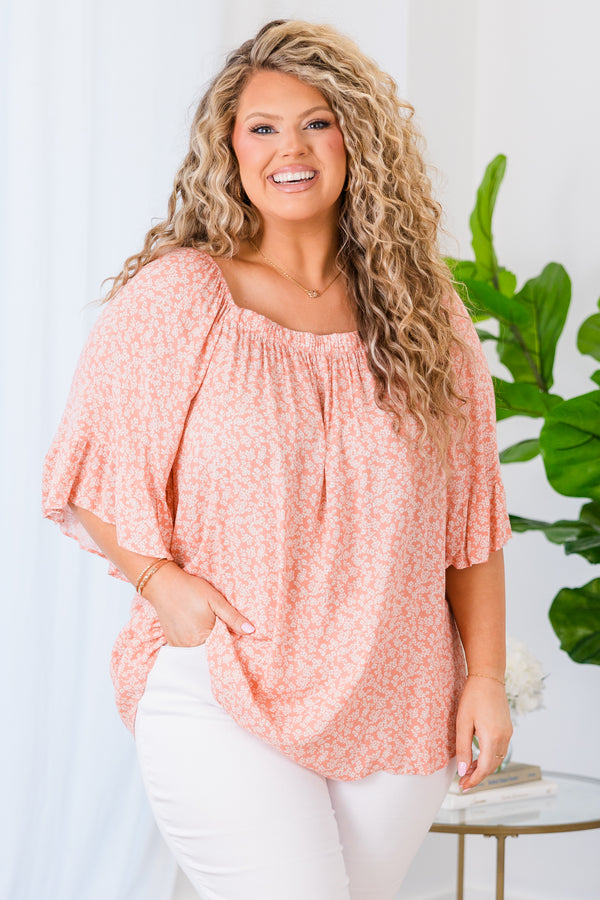 Chic Soul plus size clothing, salmon short sleeve printed top with square neckline and flowy sleeves