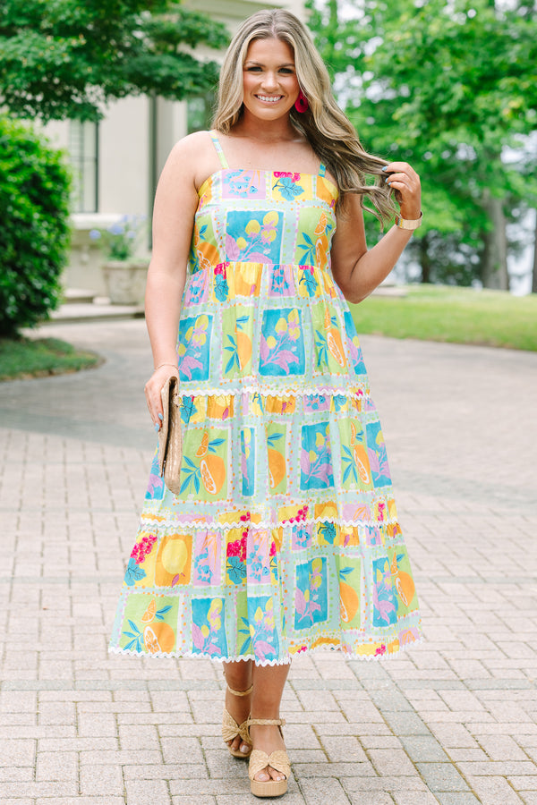Plus Size tiered midi dress with a colorful fruit print, square neckline, and white ric-rac trim.