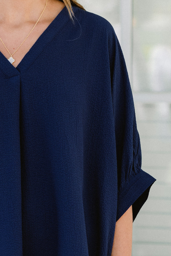 Chic Soul plus size clothing, short sleeve navy top with v-neckline