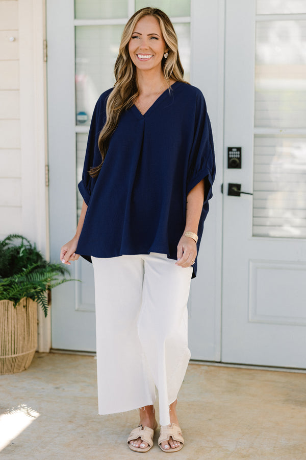 Chic Soul plus size clothing, short sleeve navy top with v-neckline