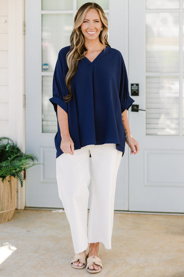 Chic Soul plus size clothing, short sleeve navy top with v-neckline