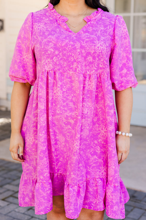 Chic Soul plus size clothing, pink mini dress with short sleeves with v cutout on neckline with faint floral print