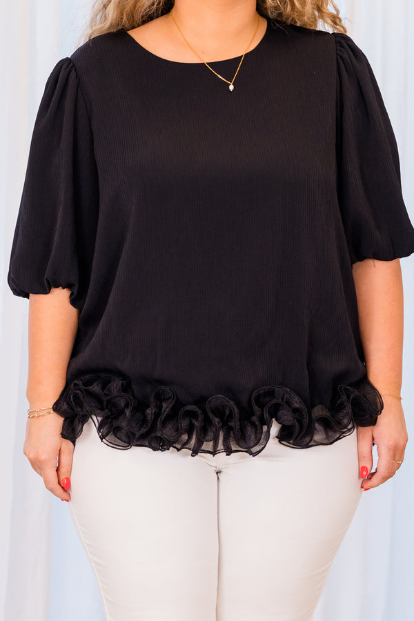 Chic Soul plus size clothing, short sleeve black top with puffed sleeves and tulle detailing along the bottom seam