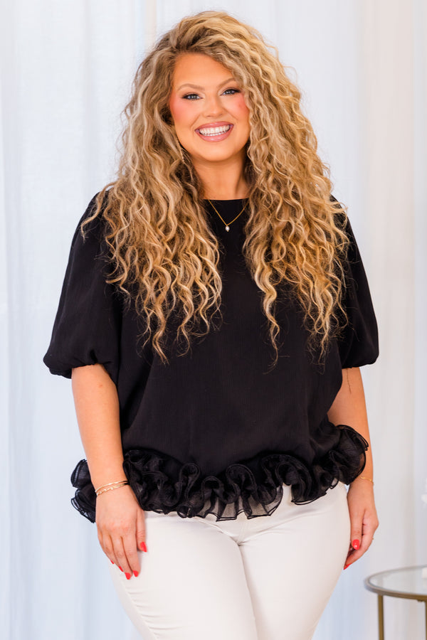 Chic Soul plus size clothing, short sleeve black top with puffed sleeves and tulle detailing along the bottom seam