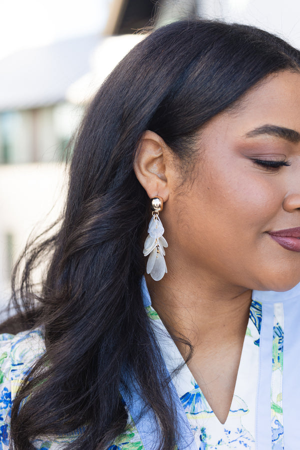 Chic Soul plus size clothing, gold and white statement earrings with clusters of pearl disks