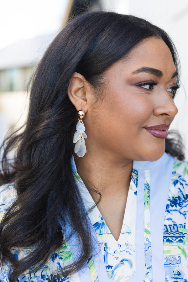 Chic Soul plus size clothing, gold and white statement earrings with clusters of pearl disks