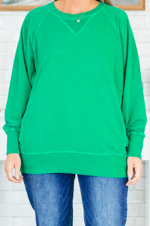 Chic Soul plus size clothing, long-sleeve forest green pullover sweatshirt with crew-neck and lighter green stitching and a v-stitch on the neckline