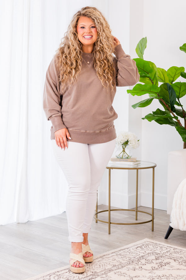 Chic Soul plus size clothing, mocha long sleeve sweatshirt with cuff sleeve and band along bottom
