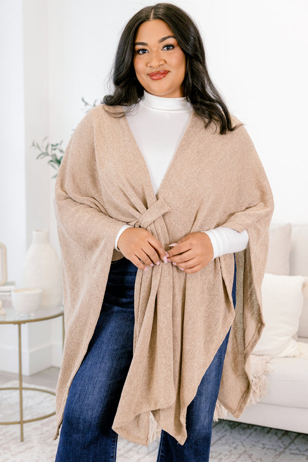Chic Soul plus size clothing, almond flowy long sleeve poncho with tie in the middle