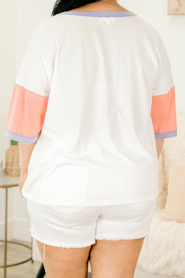 Chic Soul plus size clothing, white multi-color half sleeve top with floral detail on the top of the shoulders 