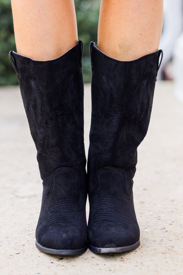Chic Soul plus size clothing, black calf-length cowboy boots with black heel and black stitching 