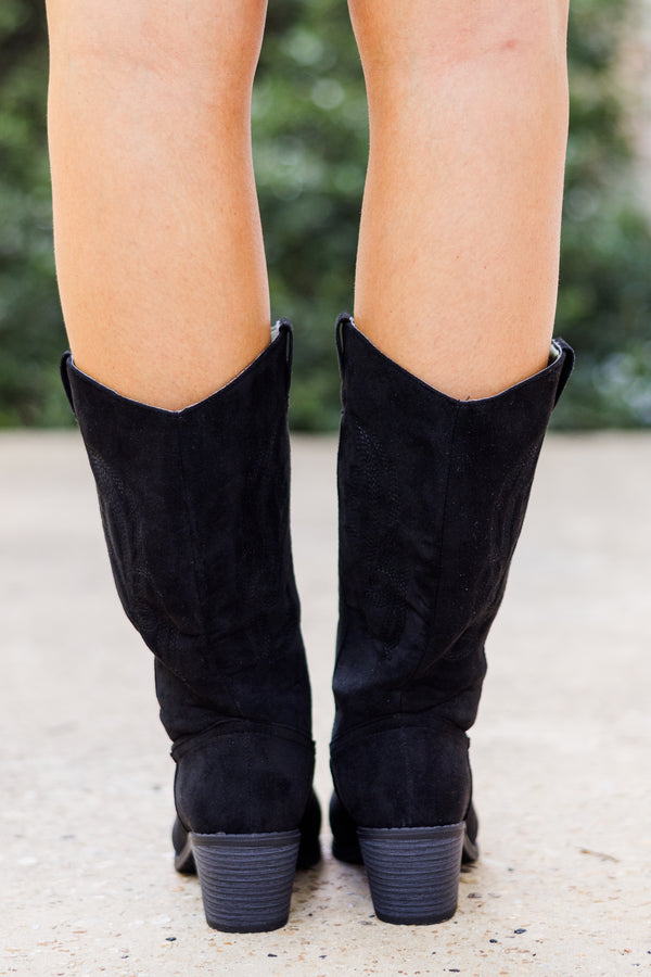 Chic Soul plus size clothing, black calf-length cowboy boots with black heel and black stitching 