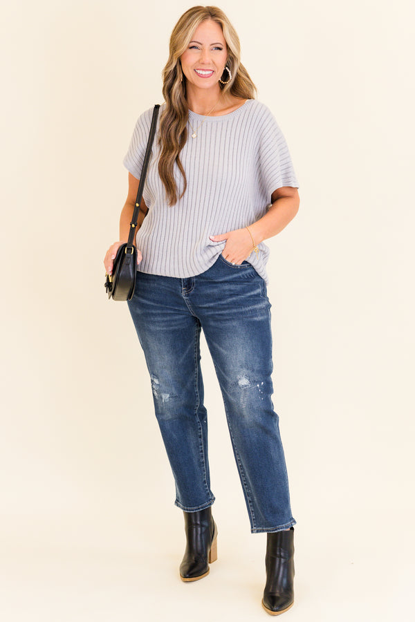 Chic Soul plus size clothing, mid-waisted dark wash denim straight cropped jeans with subtle distressed detailing on knees and silver button detailing