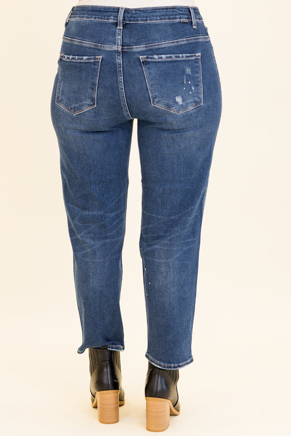 Chic Soul plus size clothing, mid-waisted dark wash denim straight cropped jeans with subtle distressed detailing on knees and silver button detailing