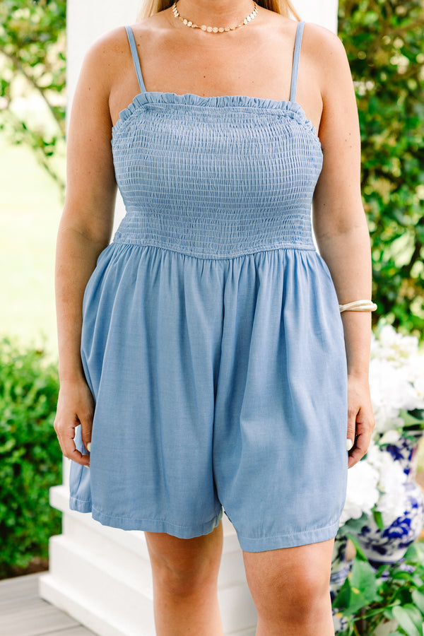 Chic Soul plus size clothing, sleeveless medium blue romper with ruched top