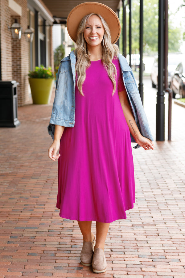Chic Soul plus size clothing, eggplant purple flowy short sleeves midi dress 