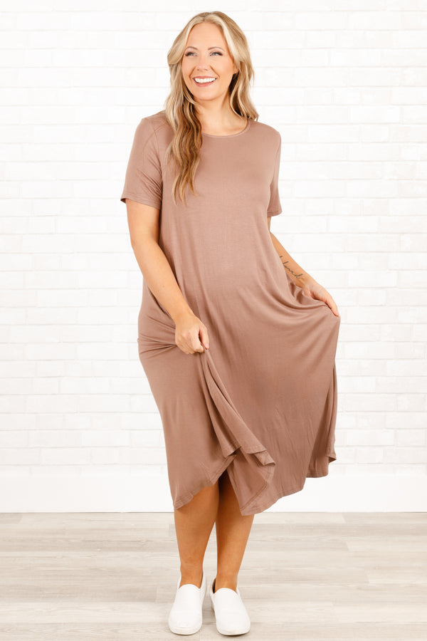Chic Soul plus size clothing, mocha short sleeves midi dress with pockets