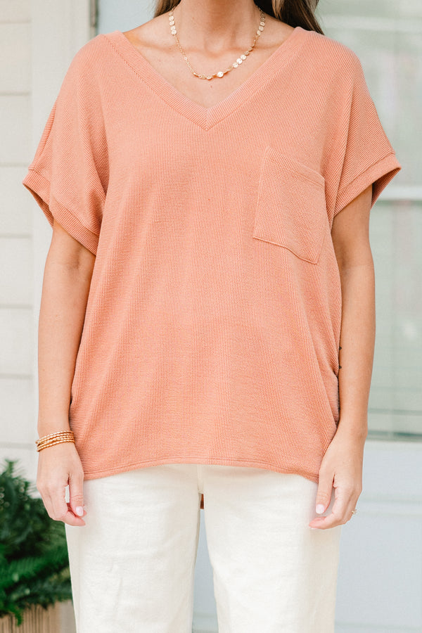 Chic Soul plus size clothing, orange coral solid short sleeve top with left breast pocket