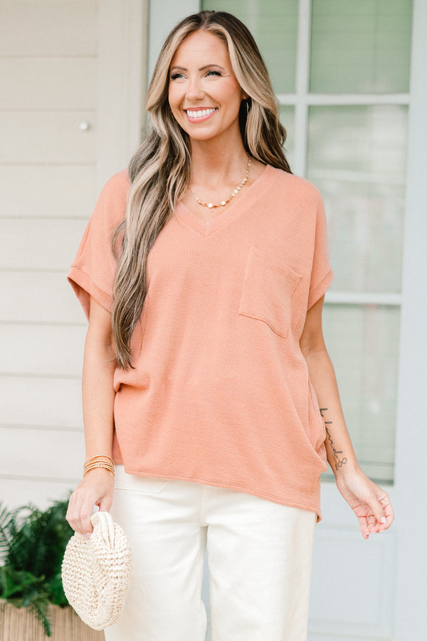 Chic Soul plus size clothing, orange coral solid short sleeve top with left breast pocket