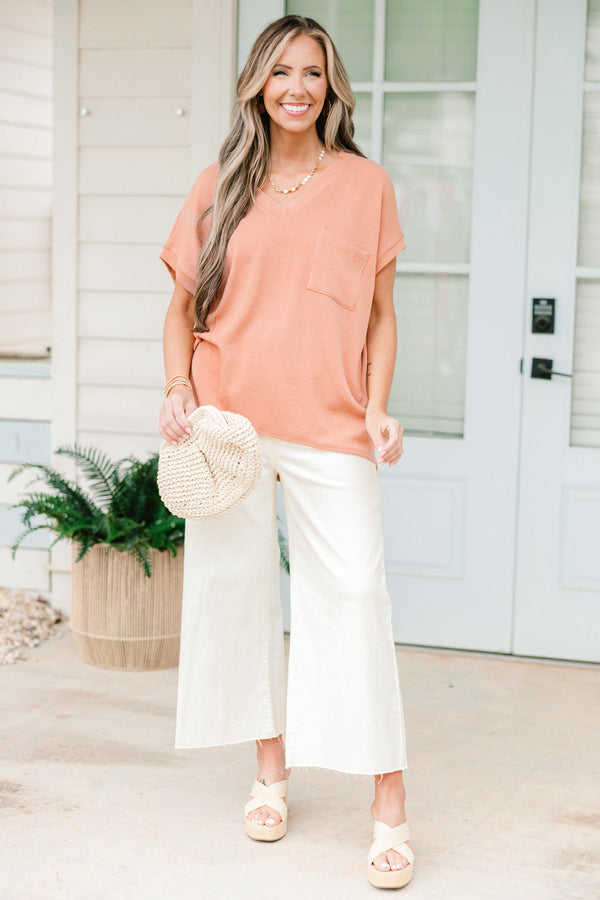 Chic Soul plus size clothing, orange coral solid short sleeve top with left breast pocket