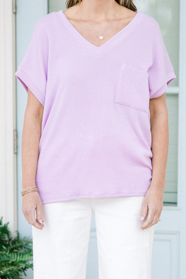 Chic Soul plus size clothing, short-sleeve lavender purple top with a pocket on the bodice and a v-neckline 