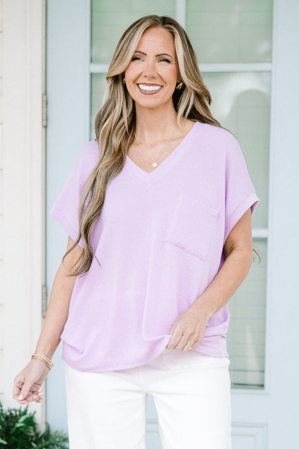 Chic Soul plus size clothing, short-sleeve lavender purple top with a pocket on the bodice and a v-neckline 