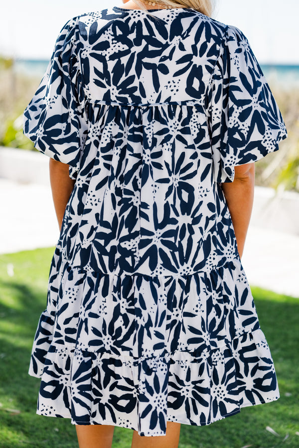 Chic Soul plus size clothing, white and navy floral short dress with flowy sleeves and tiered skirt