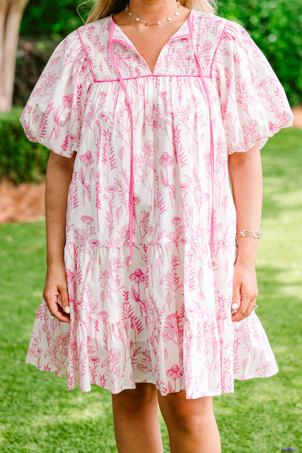 Chic Soul plus size clothing, short-puffed-sleeve pink and white floral baby doll dress