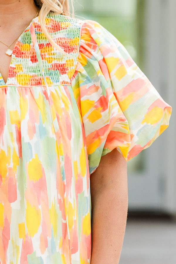 Chic Soul plus size clothing, short sleeve watercolor mini dress with puff sleeves with tiered detail at the bottom with smocked chest detail with tie neckline detail