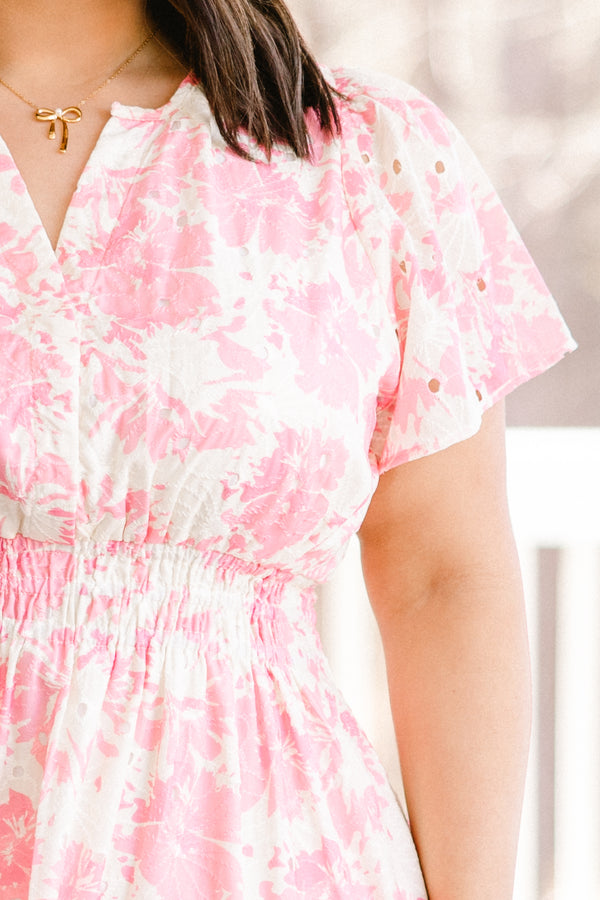 Chic Soul plus size clothing, white and pink floral print maxi dress with elastic waistband and tiered skirt